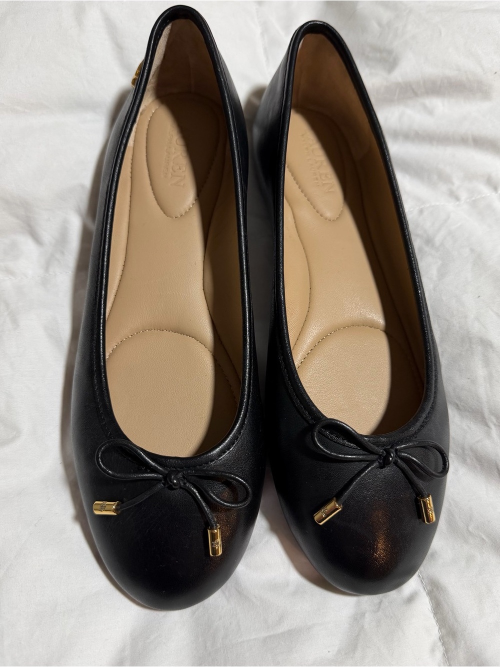 Ralph Lauren Black Leather Ballet Flats with Bow and Gold Tips